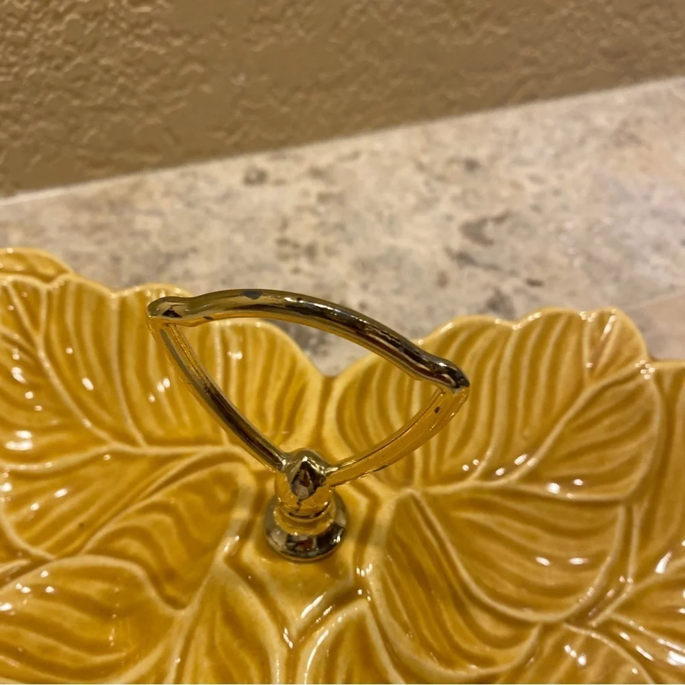 Vintage Retro USA pottery‎ two sided tray serving dish trinket yellow leaf gold